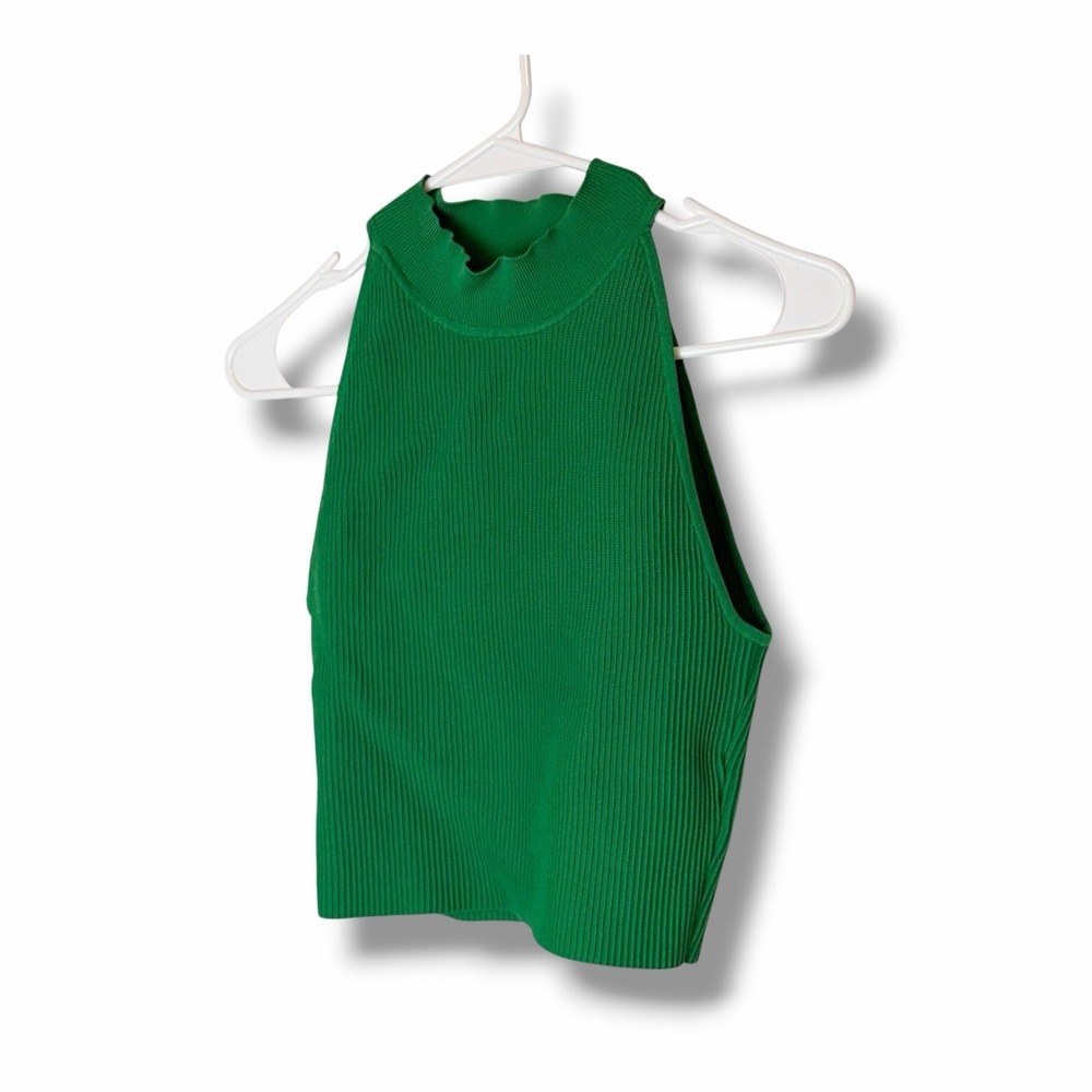 Aritzia Babaton Green Ribbed Knit Mock Neck Sleeveless Cropped Top Size Medium